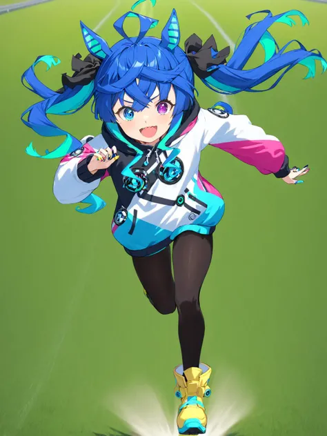 (masterpiece),(highest quality),highres,(an extremely delicate and beautiful),(extremely detailed), solo, Twin Turbo \(umamusume\) wears hoodie, hood down, hooded coat, puffy long sleeves, multicolored jacket, drawstring, nail polish, black pantyhose under multicolored clothes, ankle boots, yellow footwear. she is running toward, grass track backgrounds and emphasis motion. open mouth and smile
<lora:UmaDiffusionXL-768x1024:1>