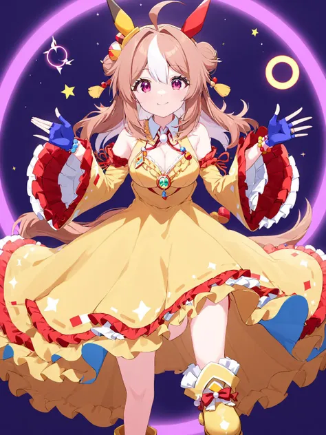 (masterpiece),(highest quality),highres,(an extremely delicate and beautiful),(extremely detailed), solo, Copano Rickey \(umamusume\) wears bare shoulder, off-shoulder, blue gloves, bead bracelet, fingerless gloves, detached sleeves, wide sleeves, red ribbon, neck ribbon, cleavage, yellow dress, frilled dress, yellow footwear, white footwear, boots, mismatched footwear, asymmetrical footwear. magical circle is in background. smile and closed mouth
<lora:UmaDiffusionXL-768x1024:1>