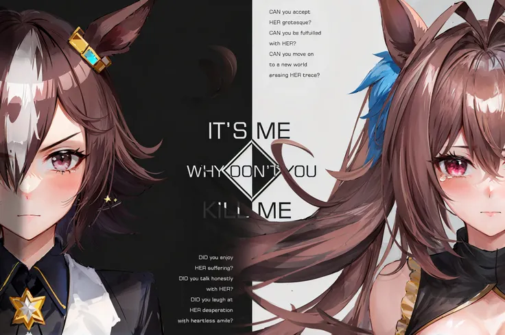 masterpiece, best quality, best aesthetic, ultra-detailed, 2girls
AND 2girls, vodka \(umamusume\), <lora:umamusume_aio_loha:0.8>, 19yo, portrait, black suit, necktie, serious, pov, closed mouth, simple background, arms behind back
AND 2girls, daiwa scarlet \(umamusume\), <lora:umamusume_aio_loha:0.8>, 19yo, (portrait, pov), black dress, bare shoulders, sad, blush, tears, closed mouth, tux, cleavage,
simple background,