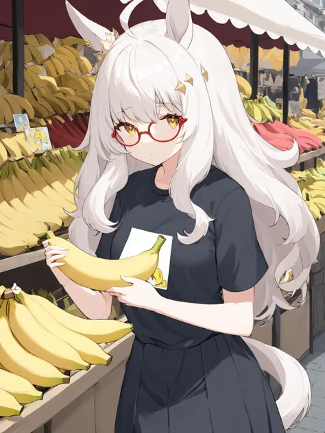 (masterpiece),(highest quality),highres,(an extremely delicate and beautiful),(extremely detailed), solo, Biwa Hayahide \(umamusume\) wears red-framed semi-rimless eyewear, casual black shirt with printing a picture of banana, holding banana, short sleeves, skirt. she is at outdoor marketplace
<lora:UmaDiffusionXL-768x1024:1>