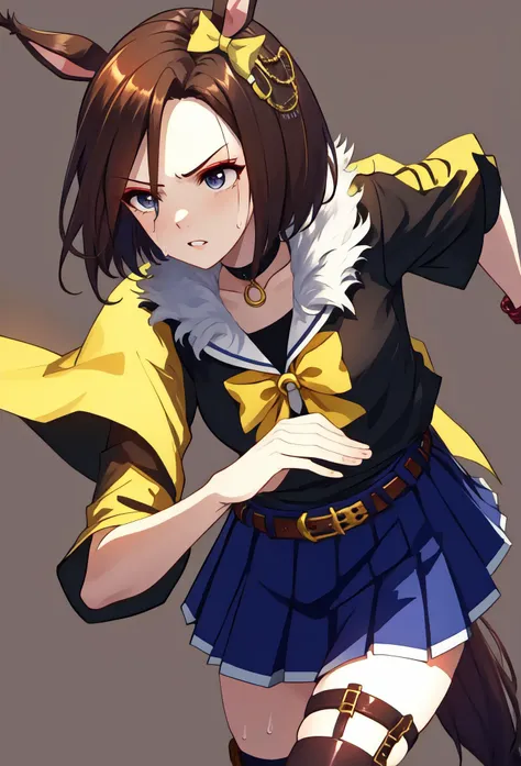 (masterpiece, best quality),4k, lossless, ultra hd,highly detailed,ultra-detailed,solo,1girl,front view,cowboy shot,air groove \(umamusume\),yellow bow, ear bow, choker, shoulder cutout, clothing cutout, sailor collar, (cape:1.05), two-tone shirt, yellow shirt, black shirt, wide sleeves, o-ring, belt, blue skirt, pleated skirt, thigh strap, single thighhigh, black thighhighs,angry,sweat,(running:1.1),grey background,simple background,vignette