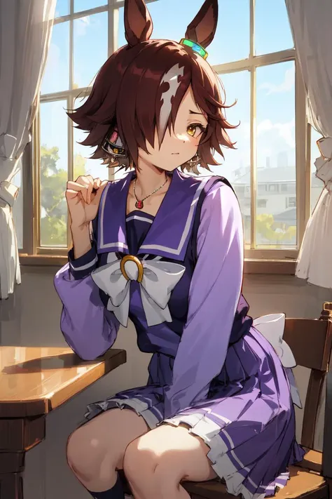 masterpiece, best quality,
vodka \(umamusume\), jewelry, necklace, 
wide shot, sitting on chair, window, looking away,
tracen school uniform, winter uniform, puffy long sleeves, sailor collar, purple shirt, white bowtie, horseshoe ornament, purple skirt, pleated skirt, 
<lyco:UmaMusume_AIO:0.7>