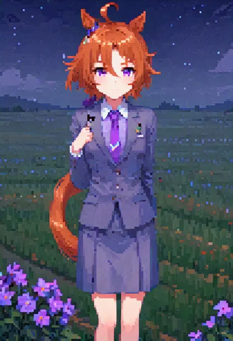 cowboy_shot,night,flower field,1girl,T.M. Opera O \(umamusume\),suit,arms_behind_back,blush,;d,looking at viewer,horse tail,hair between eyes,bangs,purple eyes,horse ears,
,flat chest,,necktie,