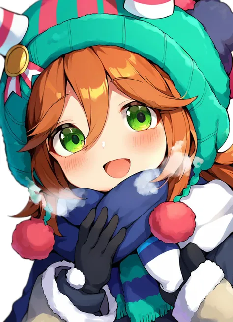 score_9, score_8_up, score_7_up, score_6_up, score_5_up, source_anime, rating_sfw, 1girl, samson big \(umamusume\), beanie, portrait, alternate costume, white background, looking at viewer, smile, mittens, blush, scarf, heavy breathing, open mouth, hat, winter clothes, pom pom \(clothes\), solo.best quality,masterpiece
<lora:UmaDiffusionXL_UAF-pony:1.0>