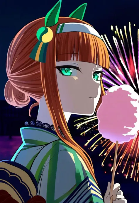 1girl, solo, silence suzuka \(umamusume\), holding a cotton candy, looking at viewer, fireworks at background, kimono outfit
<lora:UmaDiffusionXL_UAF-000010:0.7>