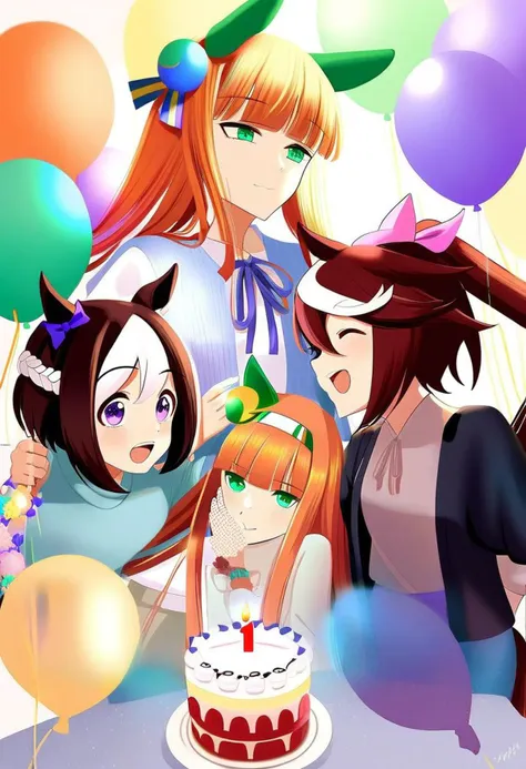 3girls, special week, \(umamusume\), tokai teio \(umamusume)\, silence suzuka \(umamusume\), casual clothes, birthday party, birthday cake, balloons, bubbles around them, very aesthetic, beautiful
<lora:UmaDiffusionXL_UAF-000010:0.7>