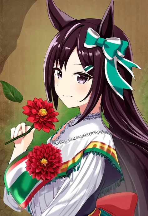 1girl, mejiro dober \(umamusume\), mexico, mexican flag, mexican clothes, smiling, holding a dahlia, very aesthetic, beautiful