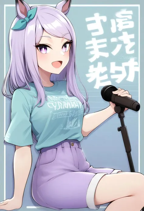 score_9, score_8_up, score_8, medium breasts, (curvy), cute, eyelashes,       
BREAK, 
1girl, mejiro mcqueen \(umamusume\), cyan shirt, smile, 
looking at viewer, blush, open mouth,
, shirt, holding, jewelry, sitting, upper body, short sleeves, earrings, shorts, short shorts, light purple shorts, sneakers, microphone, shirt tucked in, holding microphone, casual shorts,
text, text in background,
border, 
<lora:UmaDiffusionXL_UAF-000010:0.7>