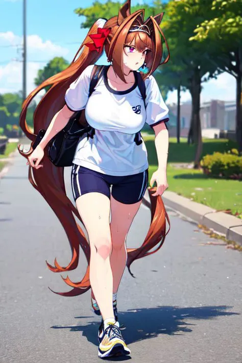 score_9, score_8_up, score_7_up, masterpiece, best quality, derpibooru_p_95, 1girl, daiwa scarlet, race,  serious, huge breasts, full body, sweat, speed lines, sneakers, constricted pupils, looking away, outdoors, motion blur,