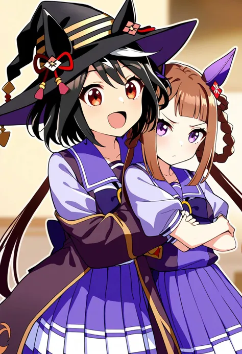 2girls, kitasan black \(umamusume\), sweep tosho \(umamusume\), witch hat, twintails, hair rings, tracen school uniform, hug from behind, masterpiece, best quality, very aesthetic, absurdres
<lora:UmaDiffusionXL_UAF-000010:0.7>