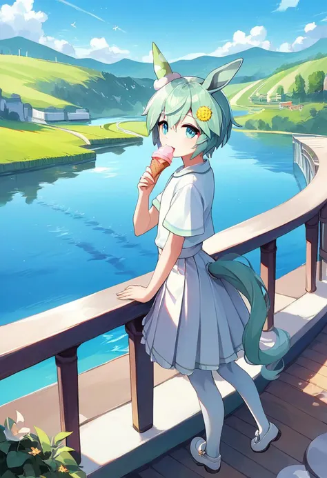 score_9, score_8_up, score_7_up, score_6_up, score_5_up, source_animeSeiun Sky \(umamusume\),1girlWearing white pantyhose and a lace skirt, Eat an ice cream by leaning on the railing by the river.