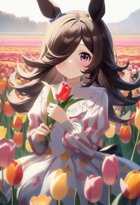 1girl, rice shower \(umamusume)\, in a tulip field, wearing a flower dress, smiling, wind blowing her, cute blush, holding a tulip flower, very aesthetic, beautiful
<lora:UmaDiffusionXL_UAF-000010:0.7>