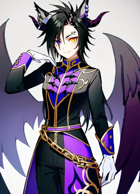 air shakur \(umamusume\), black pants, closed mouth, official alternate costume, demon horns, long sleeves, chain, low wings, eyebrow piercing, black jacket, white gloves, looking at viewer, ear ornament, cowboy shot, smile, solo, black wings, heterochromia, masterpiece, best quality, absurdres
<lora:UmaDiffusionXL_UAF:0.7>