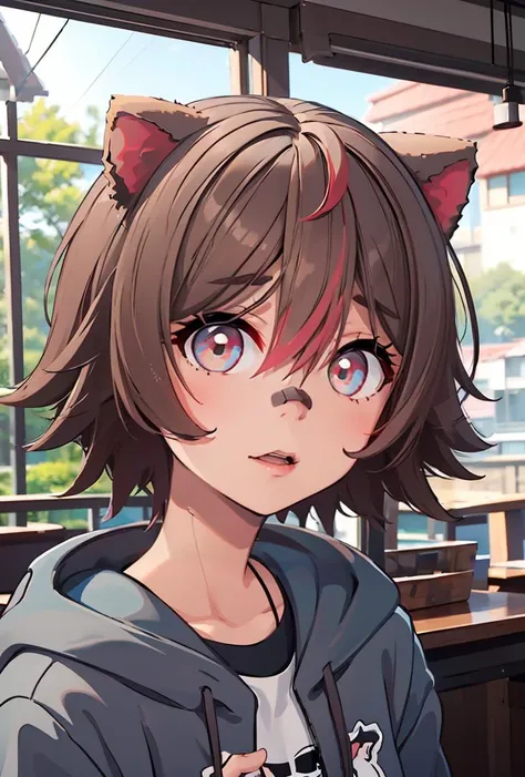 (masterpiece, best quality), 1girl, <lora:NewRakkun:0.8> rakkunvt, animal ears, brown hair, red hair, short hair, bandaid on face, bandaid on nose, hair between eyes, raccoon ears