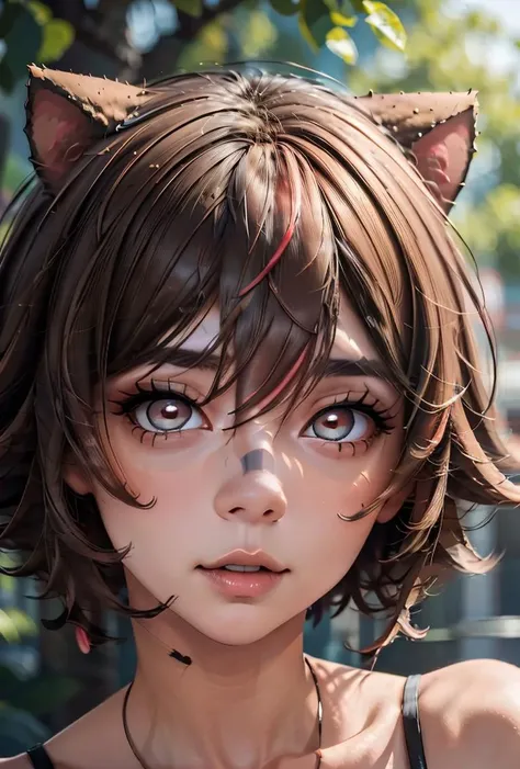 (masterpiece, best quality), 1girl, <lora:NewRakkun:0.8> rakkunvt, animal ears, brown hair, red hair, short hair, bandaid on face, bandaid on nose, hair between eyes, raccoon ears