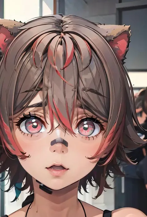 (masterpiece, best quality), 1girl, <lora:NewRakkun:0.8> rakkunvt, animal ears, brown hair, red hair, short hair, bandaid on face, bandaid on nose, hair between eyes, raccoon ears