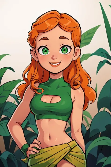 centered, professional photo, (looking at viewer:1.2), smiling, |  Izzy_Total_Drama, long hair, 1girl, solo, orange hair, green eyes, midriff,  upper body, clothing cutout, cleavage cutout, , |  jungle, | bokeh, depth of field,  contrapposto, cinematic composition, | <lora:Izzy_Total_Drama:0.8>