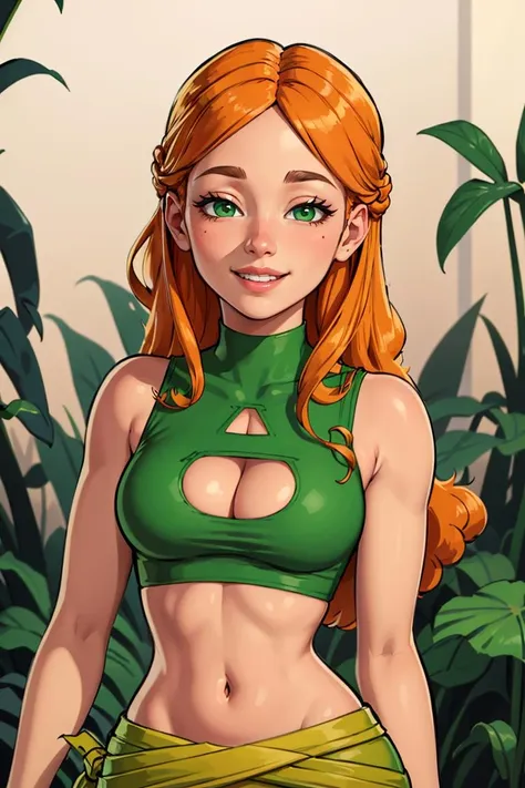 centered, professional photo, (looking at viewer:1.2), smiling, |  Izzy_Total_Drama, long hair, 1girl, solo, orange hair, green eyes, midriff,  upper body, clothing cutout, cleavage cutout, , |  jungle, | bokeh, depth of field,  contrapposto, cinematic composition, | <lora:Izzy_Total_Drama:0.8>