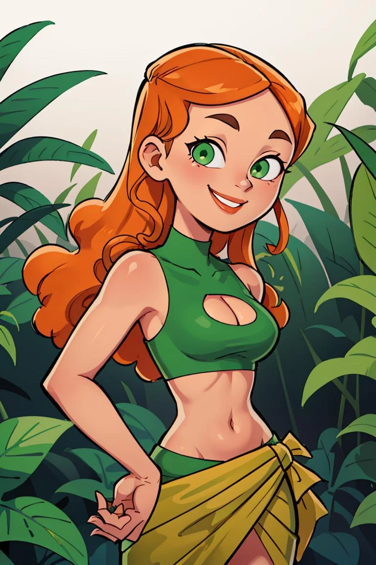 centered, professional photo, (looking at viewer:1.2), smiling, | Izzy_Total_Drama, long hair, 1girl, solo, orange hair, green eyes, midriff, upper body, clothing cutout, cleavage cutout, , | jungle, | bokeh, depth of field, contrapposto, cinematic composition, | <lora:Izzy_Total_Drama:0.8>