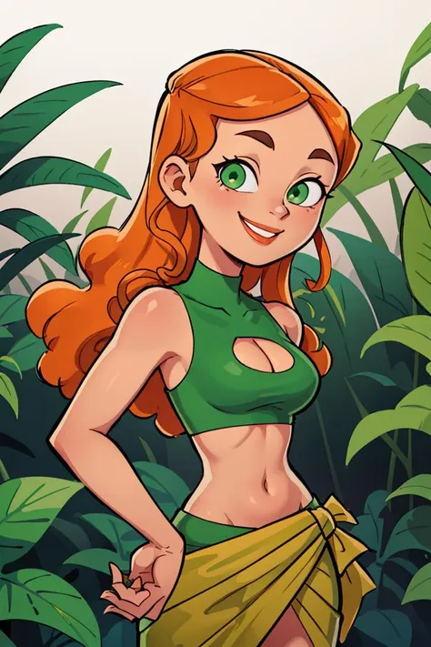 centered, professional photo, (looking at viewer:1.2), smiling, |  Izzy_Total_Drama, long hair, 1girl, solo, orange hair, green eyes, midriff,  upper body, clothing cutout, cleavage cutout, , |  jungle, | bokeh, depth of field,  contrapposto, cinematic composition, | <lora:Izzy_Total_Drama:0.8>