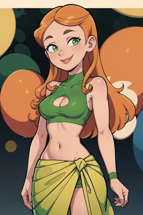 centered, professional photo, (looking at viewer:1.2), smiling, |  Izzy_Total_Drama, long hair, 1girl, solo, orange hair, green eyes, midriff, sarong, navel, clothing cutout, cleavage cutout, , | | bokeh, depth of field, cinematic composition, | <lora:Izzy_Total_Drama:0.7>