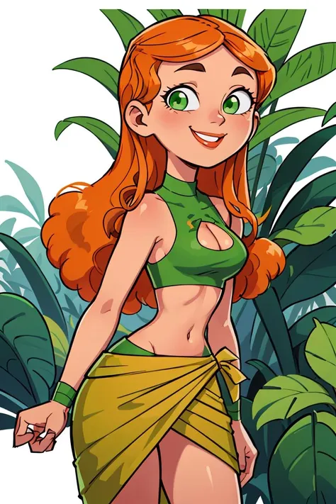 centered, professional photo, (looking at viewer:1.2), smiling, |  Izzy_Total_Drama, long hair, 1girl, solo, orange hair, green eyes, midriff,  upper body, clothing cutout, cleavage cutout, , |  jungle, | bokeh, depth of field,  contrapposto, cinematic composition, | <lora:Izzy_Total_Drama:0.8>