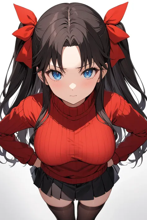 masterpiece, best quality, tohsaka_rin, 1girl, black_hair, black_ribbon, black_skirt, black_thighhighs, blue_eyes, breasts, closed_mouth, from_above, hair_ribbon, hands_on_own_hips, long_hair, looking_at_viewer, miniskirt, pleated_skirt, red_sweater, ribbon, skirt, solo, sweater, thighhighs, two_side_up, white_background