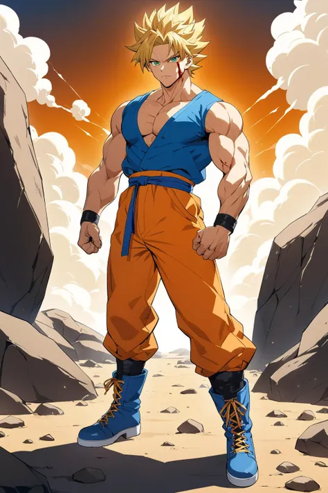 masterpiece, best quality, son_gohan, biceps, blonde_hair, blood, blood_on_face, blue_footwear, blue_sash, blue_shirt, boots, full_body, green_eyes, initial, jumpsuit, male_focus, muscular, muscular_male, official_style, orange_jumpsuit, rock, sash, shirt, sleeveless, sleeveless_jumpsuit, sleeveless_shirt, smoke, solo, spiked_hair, standing, super_saiyan, super_saiyan_2, toriyama_akira_(style)