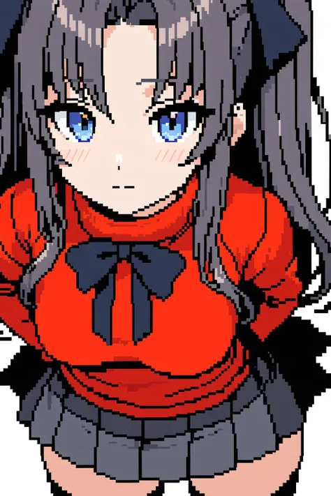 masterpiece, best quality, anime, ultra detailed, pixel art, tohsaka_rin, 1girl, black_hair, black_ribbon, black_skirt, black_thighhighs, blue_eyes, breasts, closed_mouth, from_above, hair_ribbon, hands_on_own_hips, long_hair, looking_at_viewer, miniskirt, pleated_skirt, red_sweater, ribbon, skirt, solo, sweater, thighhighs, two_side_up, white_background