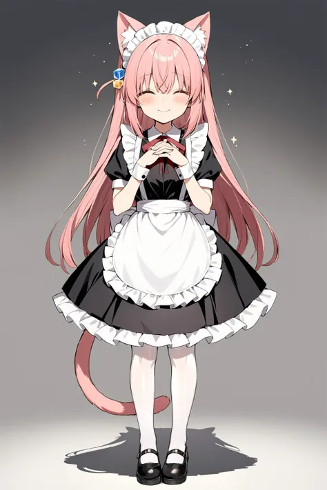 masterpiece, best quality, <lora:gotou_hitori_xl:1>, gotoh_hitori, 1girl, ^_^, alternate_costume, animal_ear_fluff, animal_ears, apron, black_dress, black_footwear, blush, buttoned_cuffs, buttons, cat_ears, cat_girl, cat_tail, closed_eyes, closed_mouth, cube_hair_ornament, dress, enmaided, frilled_apron, frills, full_body, hair_ornament, head_tilt, kemonomimi_mode, long_hair, maid, maid_apron, maid_headdress, mary_janes, neck_ribbon, own_hands_together, pantyhose, pink_hair, puffy_short_sleeves, puffy_sleeves, red_ribbon, ribbon, shoes, short_sleeves, simple_background, smile, solo, sparkle, standing, straight-on, tail, v_arms, waist_apron, white_apron, white_background, white_pantyhose, wrist_cuffs