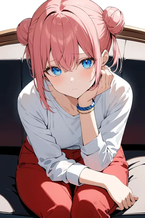 masterpiece, best quality, <lora:gotou_hitori_xl:0.9>, gotoh_hitori, 1girl, arm_rest, blue_eyes, bracelet, closed_mouth, couch, double_bun, expressionless, eyes_visible_through_hair, hair_bun, hair_over_eyes, hand_on_own_cheek, hand_on_own_face, hand_on_own_leg, hand_rest, jewelry, long_sleeves, looking_at_viewer, pants, pink_hair, red_pants, shirt, simple_background, single_sidelock, sitting, solo, white_background, white_shirt