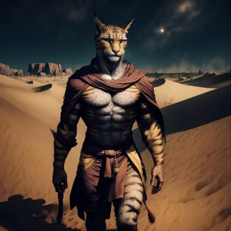 Khajiit male, in the desert at night, wearing a brown cloth loincloth, traveling across the dunes. <lora:Khajiit-Male:0.8> Khajiit-Male