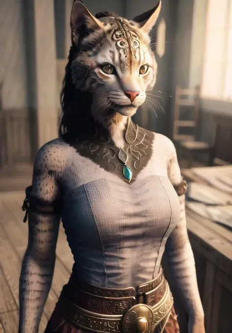 (full body image), Detailed setting of Hogwarts, warm lighting, (alone:1.3),
break, staring into the the camera, emma watson, (conversion, species conversion:1.3) into the (Cat), feral conversion, brown fur, muscular, Lean Build, elongated tail, (bright green eyes, slit pupil) (long brown hair, wavy hair), Cat snout, Catの歯, tooth, embarrassing, shocked, (red面する, rosy cheeks), (realistic fur, shaggy fur, wiry hair all over the body, body fur, detailed fur texture), (Wearing torn grey、 [red]  with red embroidery), big breasts, nail, feet, 黒いfeetパッド