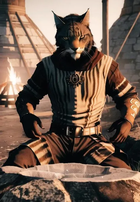 <lora:Khajiit-male:0.8>, khajiit-male, solo, sitting, campfire, night, (masterpiece, best quality, detailed:1.3), (ultra-high res, high details, absurdres:1.3)