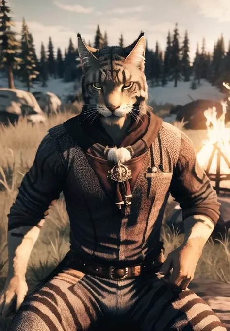 <lora:Khajiit-male:0.8>, khajiit-male, solo, sitting, campfire, night, (masterpiece, best quality, detailed:1.3), (ultra-high res, high details, absurdres:1.3)