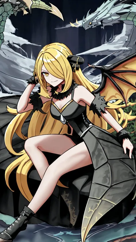 <lora:Cynthia_Pokemon:0.8> Cynthia Pokemon, solo, 1girl, blonde, very long hair, yellow eyes, hair ornament, smirk, <lora:HairOverOneEye_LOCO_s:0.7> hair over one eye, <lora:DragonDNA:0.7> (dragondna:0.8), dragon girl, dragon horns, dragon tail, dragon wings, black scales, BREAK, (lava river, vulcan:1.15), fire, burning, molten rock,
