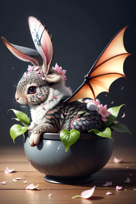 <lora:DragonDNA:0.9>,bunny,multicolored_wings,dragondna,cherry_blossoms,petals,potted plant,