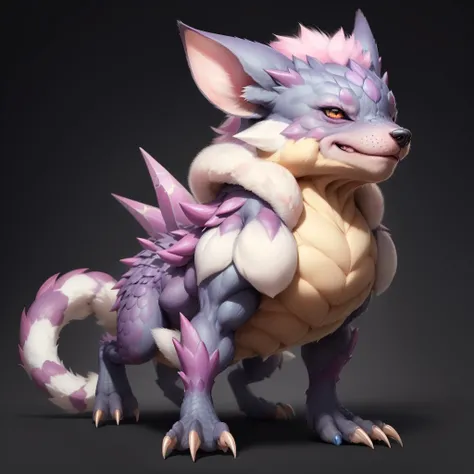 Anthropomorphic male snow leopard, with purple eyes, pink nose, 4 black ears, purple spikes on back, purple horns, with a red third eye, wearing panties, full body view, in a fighting pose, ready to fight, with an angry, black background, digital art, solo, different views, with spiked tail