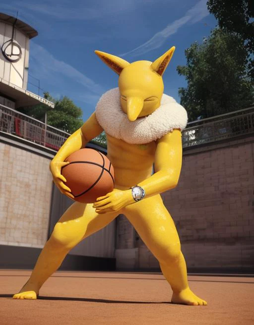 best quality, masterpiece, highres, detailed, perfect anatomy, <lora:Style - add_detail:0.1>,BREAK PHypno, Hypno, pendulum, yellow skin, holding pendulum,<lora:HypnowithPeople:1.1>, long nose, 1boy, outdoors, basketball,