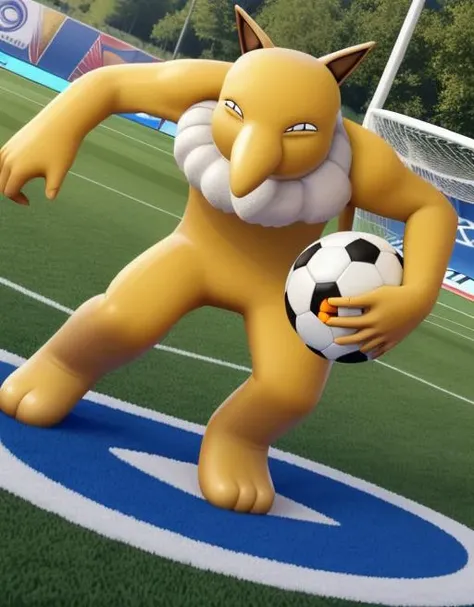 best quality, masterpiece, highres, detailed, perfect anatomy, <lora:Style - add_detail:0.1>,BREAK PHypno, Hypno, pendulum, yellow skin, holding pendulum,<lora:HypnowithPeople:1.1>, long nose, 1boy, outdoors, soccer, running, soccer ball,