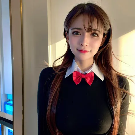 goutou, <lora:koreanDollLikeness_v10:0.2>,<lora:taiwanDollLikeness_v10:0.1>(8k, RAW photo, best quality, masterpiece:1.2), (realistic, photo-realistic:1.37), ultra-detailed, 1 girl, solo, cute,beautiful detailed sky,detailed 0.74cafe,night,standing,dating,(nose blush),(smile:1.1),(closed mouth) medium breasts,beautiful detailed eyes, bowtie, long hair, legs, sweater, <lora:goutouLora_v20:0.7>