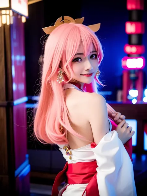 goutou, 1girl, (ulzzang-6500:0.725), kpop idol, yae miko, detached sleeves, bare shoulders, (sideboob:1.45), pink hair, long hair, japanese clothes, best quality, (photorealistic:1.2), (hair ornament:1.35), jewelry, purple eyes, earrings,, large breasts, torii, cherry blossoms, lantern light, depth of field, detailed face, face focus, bodystocking, ribbon_trim, white skirt, white dress, (looking at viewer:1.25), nontraditional miko, shiny skin, long sleeves, smile, thick lips, game cg, thighhighs, (bare breasts:1.25), hands on lips, east asian architecture, blurry background, full body, <lora:yaeMikoRealistic_yaemikoMixed:0.7> <lora:goutouLora_v20:0.8>