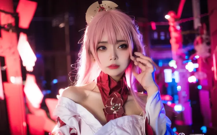 goutou, one girls, RaidenShogun, detailed clothes, white clothes, blunt bangs, braid, (medium breasts:1.4), cleavage, wide-sleeved kimono, hair ornament, white japanese clothes, (red obi:1.4), (light pink hair:1.4), very long hair, straight hair, detailed face, cool face, (smooth chin:0.85), closed mouth, looking at viewer, beautiful eyes, detailed eyes, skirt,pose, (Cherry tree:1.5),photon mapping, physically-based rendering, RAW photo, (forest:1.5), (photo realistic:1.35), high res, perspective, facing front,<lora:raidenShogunRealistic_raidenshogun:0.6>, <lora:koreanDollLikeness_v10:0.1>, half body, hands behind, <lora:yaeMikoRealistic_yaemikoMixed:0.6>, (ulzzang-6500:0.725), <lora:goutou_v4.0:0.8>