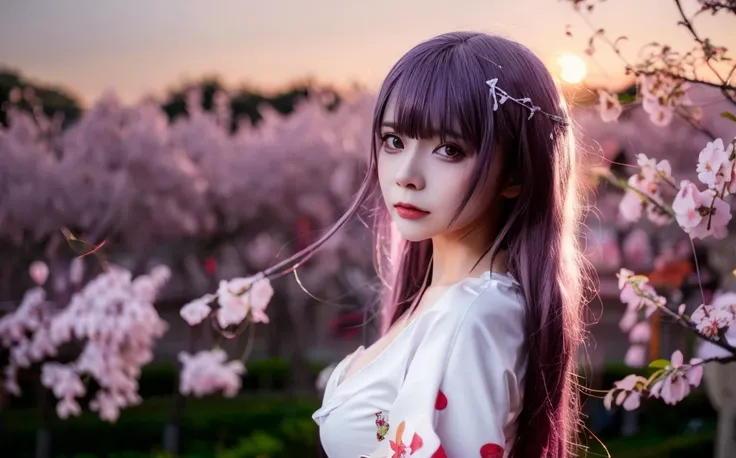 goutou, RaidenShogun, detailed clothes, white clothes, blunt bangs, braid, (medium breasts:1.4), cleavage, wide-sleeved kimono, hair ornament, white japanese clothes, (red obi:1.4), (light purple hair:1.4), very long hair, straight hair, detailed face, cool face, (smooth chin:0.85), looking at viewer, beautiful eyes, detailed eyes, skirt, (sunset:1.4), from side, (Cherry tree:1.5),photon mapping, physically-based rendering, RAW photo, highly detailed background, (photo realistic:1.35), high res, perspective, facing front,<lora:raidenShogunRealistic_raidenshogun:0.4>, (ulzzang-6500:0.5), <lora:goutou_v4.0:0.8>, <lora:koreanDollLikeness_v10:0.01>