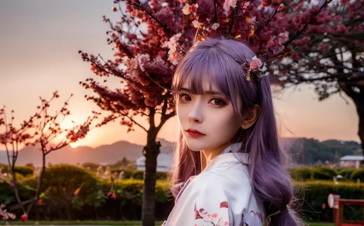 goutou, RaidenShogun, detailed clothes, white clothes, blunt bangs, braid, (medium breasts:1.4), cleavage, wide-sleeved kimono, hair ornament, white japanese clothes, (red obi:1.4), (light purple hair:1.4), very long hair, straight hair, detailed face, cool face, (smooth chin:0.85), looking at viewer, beautiful eyes, detailed eyes, skirt, (sunset:1.4), from side, (Cherry tree:1.5),photon mapping, physically-based rendering, RAW photo, highly detailed background, (photo realistic:1.35), high res, perspective, facing front,<lora:raidenShogunRealistic_raidenshogun:0.4>, (ulzzang-6500:0.5), <lora:goutou_v4.0:0.8>, <lora:koreanDollLikeness_v10:0.01>