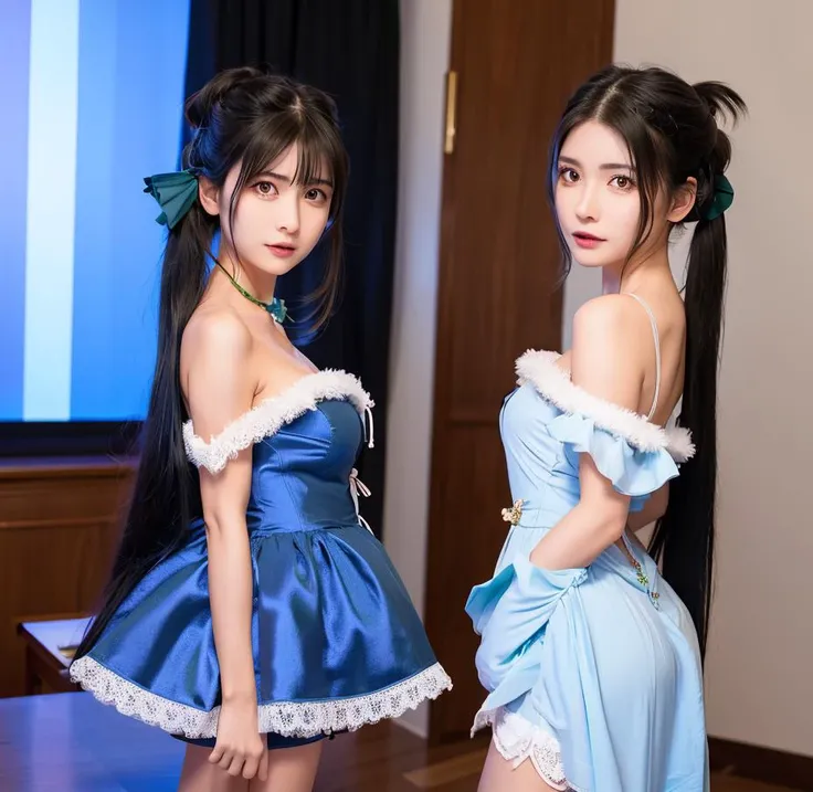 goutou, <lora:koreanDollLikeness_v10:0.2>, (RAW photo:1.2), ((photorealistic:1.4),(masterpiece:1.3),(best quality:1.4),([blue|green] women's dress:1.4), (black hair),ultra high res,(detailed facial features),(detailed clothes features),HDR,8k resolution, bangs, full body,skin tight, (shiny skin), (red eyes:1.2),(cute girl),(cute face), (only 16), dreamlike, (extreme detailed illustration), scenery, no text, very long hair, (small breasts), twin_tail, <lora:goutouLora_v20:0.7>