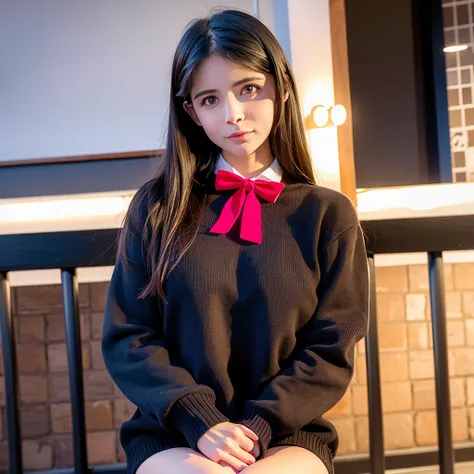 _gtll_, best quality, ultra high res, (8k, RAW photo, photorealistic:1.4), 1girl, (8k, RAW photo, best quality, masterpiece:1.2), (realistic, photo-realistic:1.37), ultra-detailed, 1 girl, solo, cute,beautiful detailed sky,detailed 0.74cafe,night,standing,dating,(nose blush),(smile:1.1),(closed mouth) medium breasts,beautiful detailed eyes, bowtie, long hair, legs, sweater,  <lora:goutouLora_v25:1>