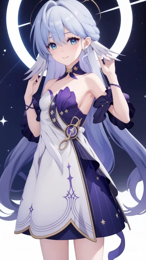 Facing viewer, White Circle dress, purple dress layer, masterpiece, best quality, Solo, <lora:robin-star-rail:0.7>, robin-star-rail, Pale blue hair, long hair, Nimb, Small breasts