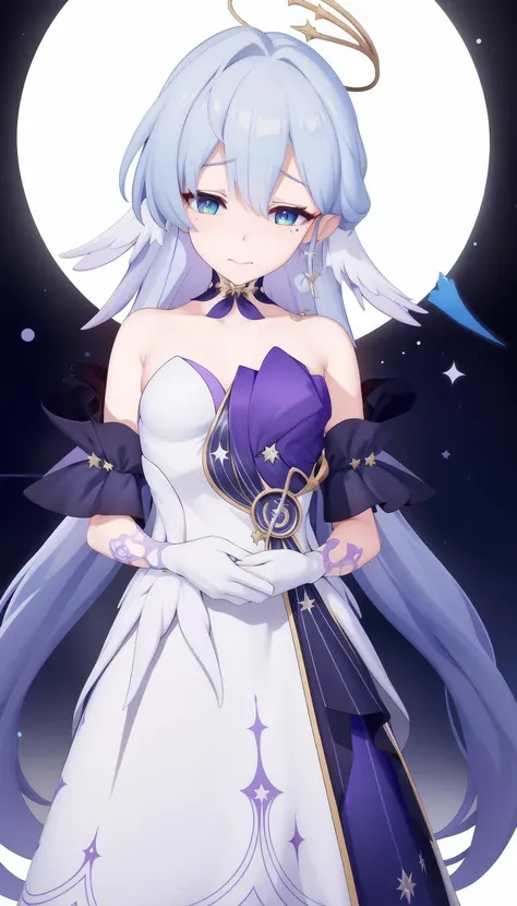 Moon ,Moongazer, 1girl in, Cute, Water, Smile, Asian, Face seen from the side, Fish, Orion, flowingwater, divine ,White hair , Blonde hair ,Purple eyes, dutch_Angle, from a_Below, Floating hair, Large_breasts, Elbow_gloves, floating dress, flowing lace, halterneck,