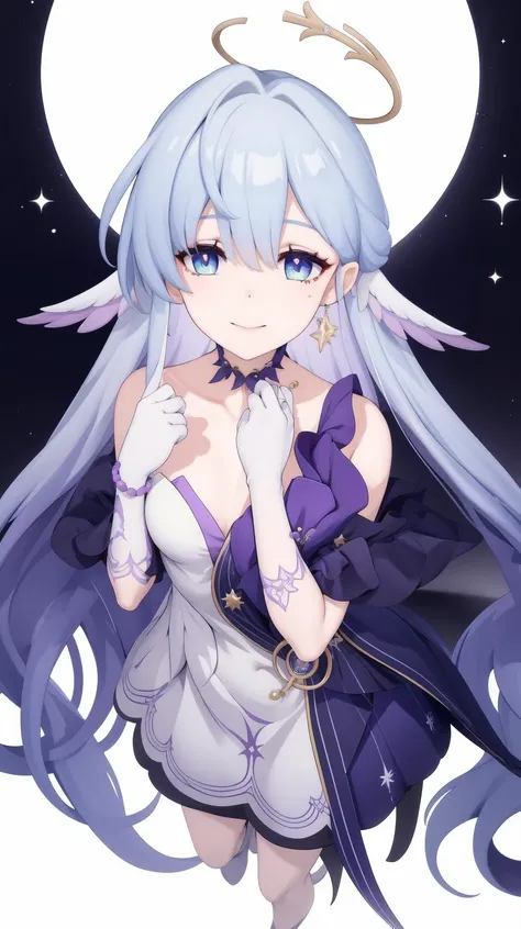 Facing viewer, White Circle dress, purple dress layer, masterpiece, best quality, Solo, <lora:robin-star-rail:0.7>, robin-star-rail, Pale blue hair, long hair, Small breasts, Print, (Full body:0.9)